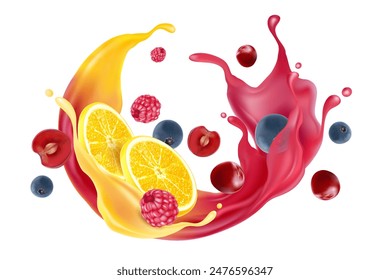 Mixed berries and lemonade smoothies fruit splashing of Tropical fruits isolated on white background. Vector in 3D illustrations.