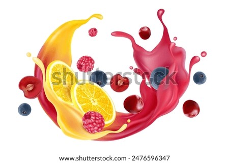 Mixed berries and lemonade smoothies fruit splashing of Tropical fruits isolated on white background. Vector in 3D illustrations.
