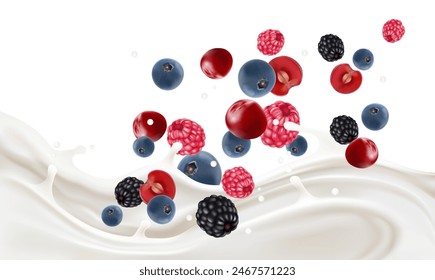 Mixed berries with milk splashing smoothies fruit splashing of Tropical fruits isolated on white background. Vector in 3D illustrations.