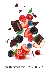 Mixed berries smoothies fruit with Chocolate splashing of Tropical fruits isolated on white background. Vector in 3D illustrations.