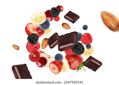 Mixed berries smoothies fruit with chocolate splashing of Tropical fruits isolated on white background. Vector in 3D illustrations. Food concepts.