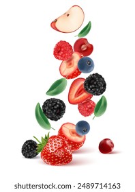 Mixed Beeren Smoothies Fruchtfliegen von tropischen Früchten mit Erdbeere, Brombeere, Rote Kirsche, Heidelbeere isoliert auf weißem Hintergrund. Vektorgrafik in 3D-Abbildungen.