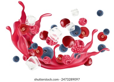 Mixed berries smoothies fruit with ice cubes splashing of Tropical fruits isolated on white background. Vector in 3D illustrations.