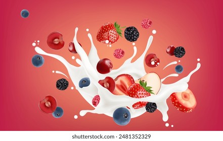 Mixed berries smoothies fruit with milk splashing with packaging mock up of Tropical fruits isolated on solid color background. Vector in 3D illustrations. Food and drink concept. 