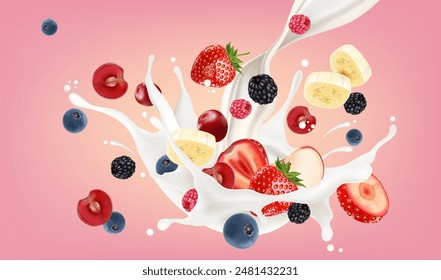 Mixed berries smoothies fruit with milk or yogurt splashing with packaging mock up of Tropical fruits isolated on solid color background. Vector in 3D illustrations. Food and drink concept. 