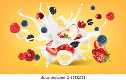 Mezcla de bayas smoothies fruta con molino o yogur salpicado de frutas tropicales aislado sobre fondo blanco. Vector en ilustraciones 3D. Concepto de comida y bebida.