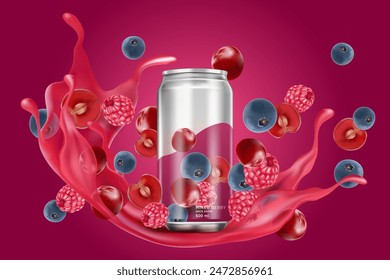 Mixed berries smoothies fruit with packaging mock up splashing of Tropical fruits isolated on solid color background. Vector in 3D illustrations. Food and drink concept. 