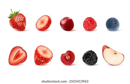 Mixed berries smoothies fruit set of Tropical fruits isolated on white background. Realistic vector in 3D illustrations. Food concepts.