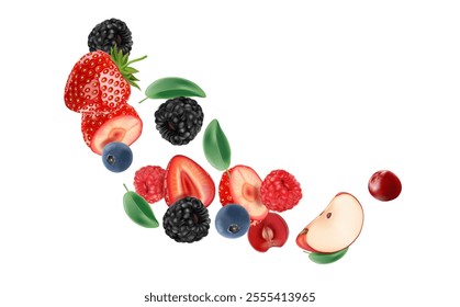 Mixed berries smoothies fruit set of Tropical fruits isolated on white background. Realistic vector in 3D illustrations. Food concepts.