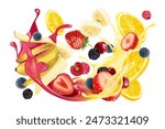 Mixed berries smoothies fruit splashing of Tropical fruits isolated on white background. Vector in 3D illustrations.