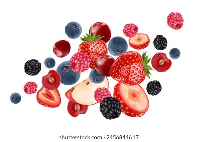 Mixed berries smoothies fruit splashing of Tropical fruits isolated on white background. Vector in 3D illustrations.