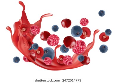 Gemischte Beeren Smoothies Fruchtspritzer von tropischen Früchten isoliert auf weißem Hintergrund. Vektorgrafik in 3D-Abbildungen.