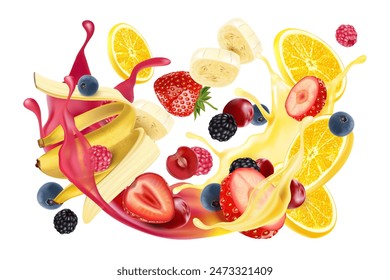 Mezcla de bayas smoothies de frutas salpicaduras de frutas tropicales aisladas sobre fondo blanco. Vector en ilustraciones 3D.