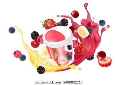 Mixed berries smoothies fruit splashing with packaging mock up of Tropical fruits isolated on white background. Vector in 3D illustrations. Food and drink concept. 