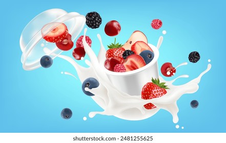 Mixed berries smoothies fruit splashing with packaging mock up of Tropical fruits isolated on solid color background. Vector in 3D illustrations. Food and drink concept. 