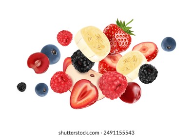 Mixed berries smoothies fruit splashing of Tropical fruits, strawberry, blueberry, blackberry, banana, apple isolated on white background. Vector in 3D illustrations.