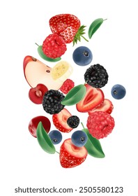 Mixed berries smoothies fruit splashing of Tropical fruits isolated on white background. Vector in 3D illustrations. Food concepts.