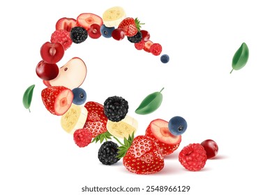 Mixed berries smoothies fruit splashing of Tropical fruits isolated on white background. Vector in 3D illustrations. Food concepts.