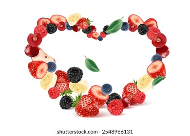 Mixed berries smoothies fruit splashing of Tropical fruits isolated on white background. Vector in 3D illustrations. Food concepts.