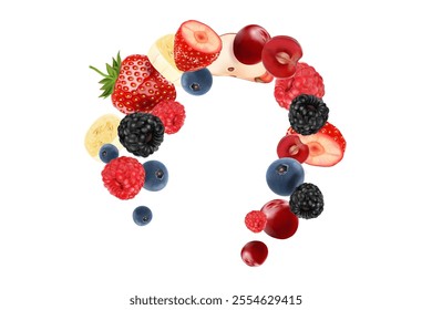 Mixed berries smoothies fruit splashing of Tropical fruits isolated on white background. Vector in 3D illustrations. Food concepts.