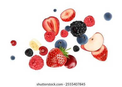 Mixed berries smoothies fruit splashing of Tropical fruits isolated on white background. Vector in 3D illustrations.