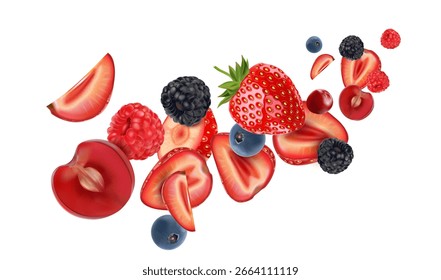 Misturas bagas smoothies frutas salpicando de frutas tropicais isoladas sobre fundo branco. Vetor em ilustrações 3D.