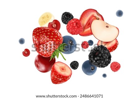 Mixed berries smoothies fruit splashing of Tropical fruits isolated on white background. Vector in 3D illustrations. Food concept.