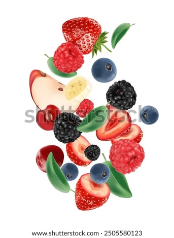 Mixed berries smoothies fruit splashing of Tropical fruits isolated on white background. Vector in 3D illustrations. Food concepts.
