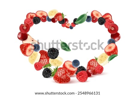 Mixed berries smoothies fruit splashing of Tropical fruits isolated on white background. Vector in 3D illustrations. Food concepts.
