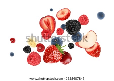 Mixed berries smoothies fruit splashing of Tropical fruits isolated on white background. Vector in 3D illustrations.
