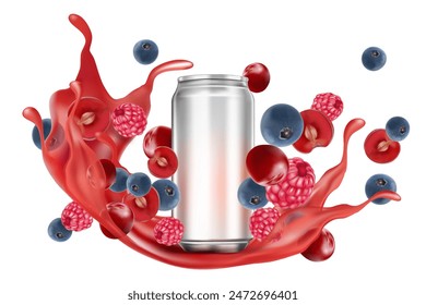 Mixed berries smoothies with packaging mock up splashing of Tropical fruits isolated on white background. Vector in 3D illustrations. Food and drink concept. 