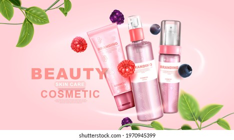 Mixed berry cosmetic. Collagen vitamin skin care. Beauty packaging cream set.