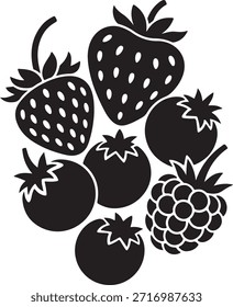 Ilustración vectorial de silueta de fruta de baya mezclada con fresas y tomates frambuesas