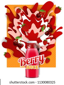 Mixed berry juice drink. Vector paper cut poster, banner, flyer design template. Berry juice glass bottle with juice splashes and fresh strawberry, cherry.