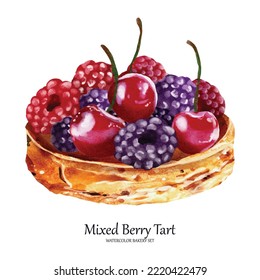 Mixed berry tart watercolor vector element design great for cards, banners, headers, party posters or decorate your artwork.