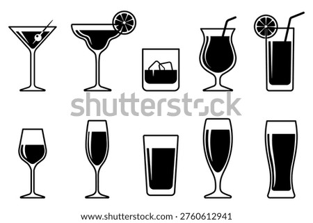 mixed beverage and glassware outline icon set