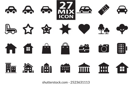 Mixed Black Icon Set Silhouette Vector Illustration with Transparent Background for Easy Editing