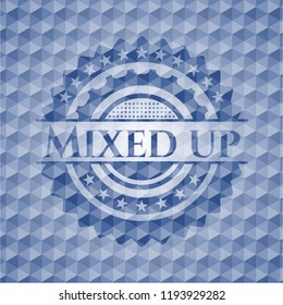 Mixed up blue emblem with geometric background.