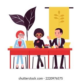 Mixed business group together in positive, productive meeting. Great managers or leaders, employee engagement, leadership communication, and growth team. Vector creative vibrant botanical illustration