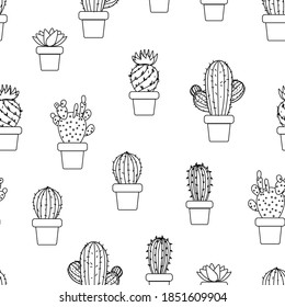 Mixed cactus pots handmade cartoon ilustration, black and white oulined, sketch, seamless pattern