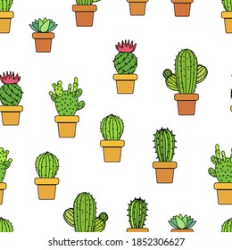 Mixed cactus and succulents in pot handmade cartoon illustrations with black oulines, vector seamless pattern