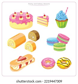 Mixed cake and dessert cartoon flat icons in set collection for design. 