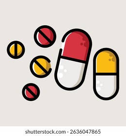 Cápsulas e Comprimidos Mistos em Desenho Animado Plano Medical Vetor Illustration