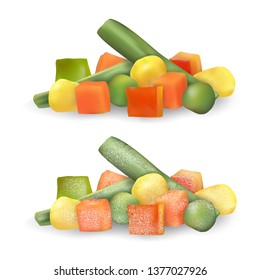 Mixed chopped vegetables isolated. Fresh and frozen. Peas, corn, pepper, carrot, french bean. Realistic vector illustration.