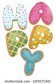 Mixed color donut Happy insignia, Top view, For Bakery shop Present, Happy birthday concept.