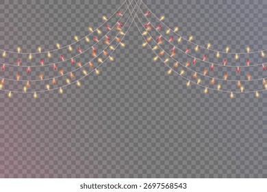 Mixed Color String Lights Garland Border Overlay​, Christmas Lights Garland Top Border Transparent, Festive Fairy Light String Top Frame Overlay