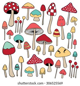 Mixed colorful Mushroom herb and plant doodle hand drawn sketch variation illustration on white background vector isolated