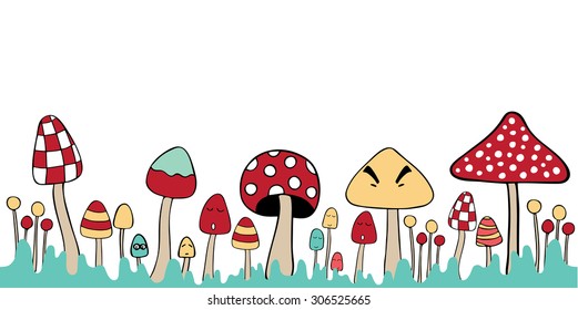 Mixed colorful Mushroom herb and plant doodle hand drawn sketch variation illustration on white background vector isolated panorama with copy space