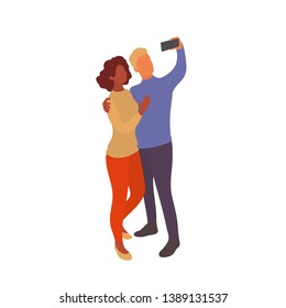 Mixed couple taking selfie together with smartphone. Interracial partners take photo with eath other on a walk or while traveling. Vector flat characters isolated on white background in EPS 10