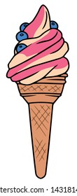 Mixed cream colored vanilla and pinks strawberry flavor soft ice cream in cone, a cartoon style vector illustration drawing